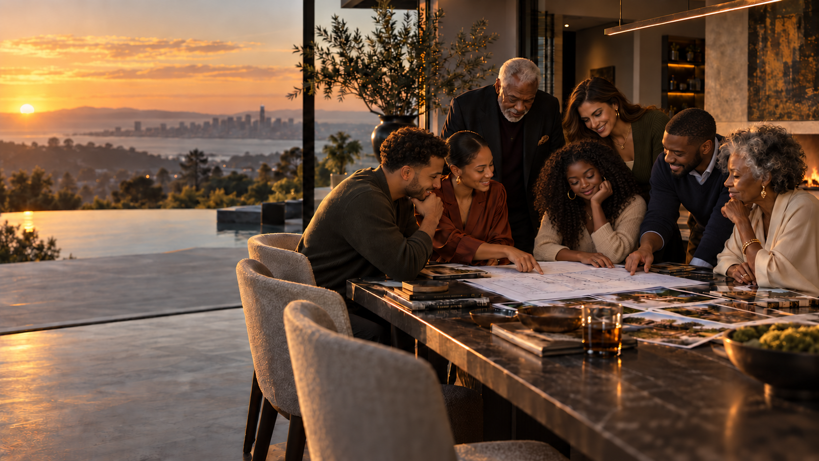 A multigenerational family gathered around plans for the future