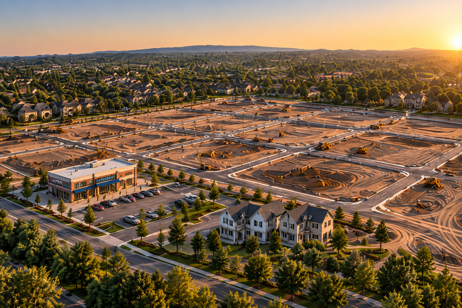 Serviced development lots with roads, utilities, neighborhood commercial space and build-to-rent homes