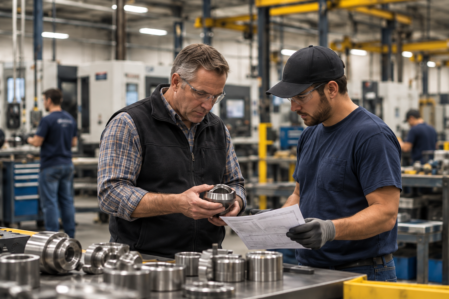 Owner and production employee inspecting a manufactured component inside an operating company