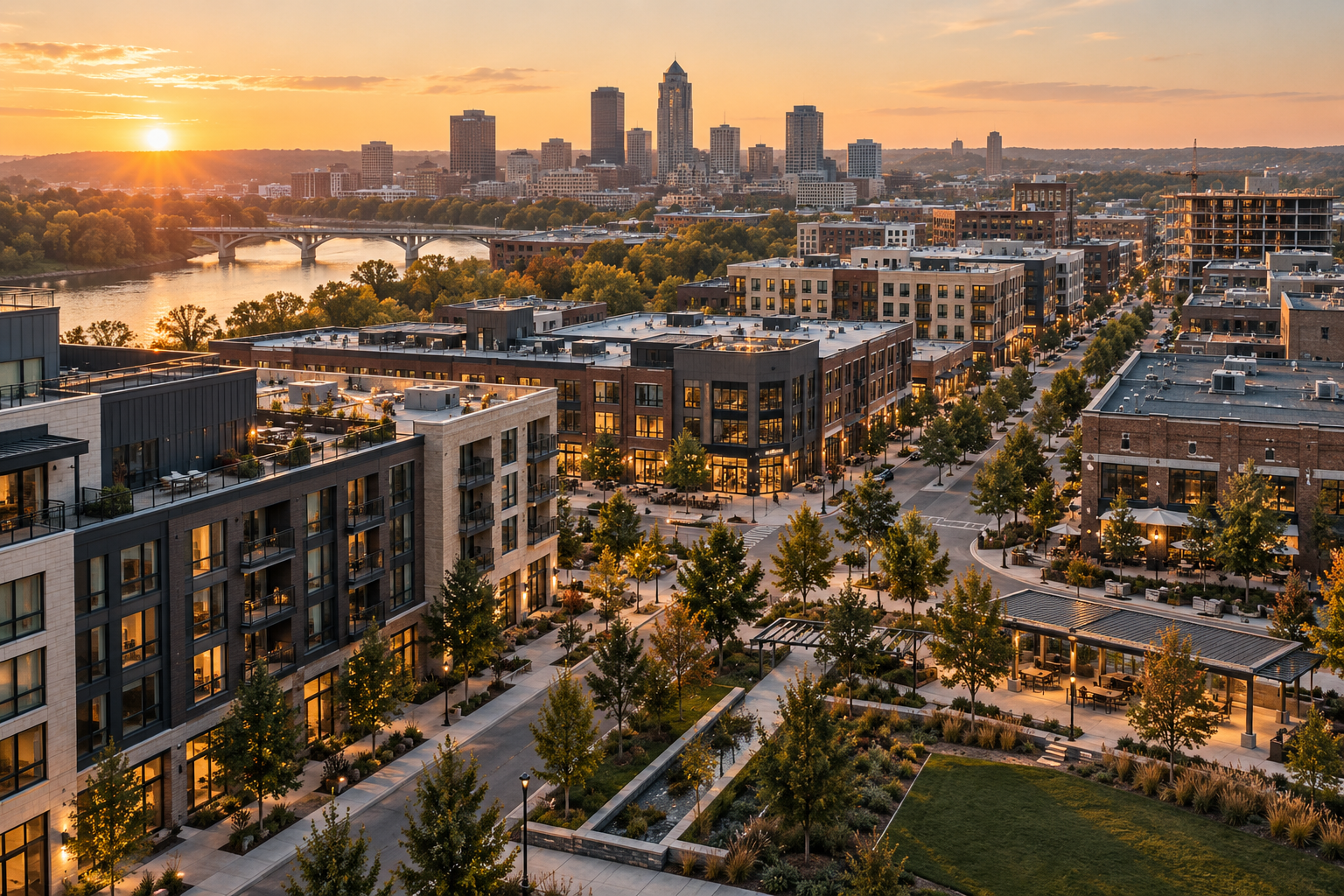 A thoughtfully developed mixed-use neighborhood at sunset